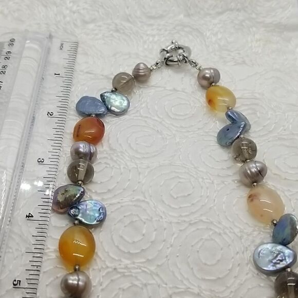 Stone Necklace Multiple Grey Yellow Blue Stones Necklace - Picture 12 of 12